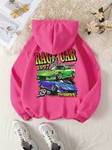 SHEIN EZwear 字母与汽车图案保暖内衬连帽衫 - 玫紅色 - 查看 1