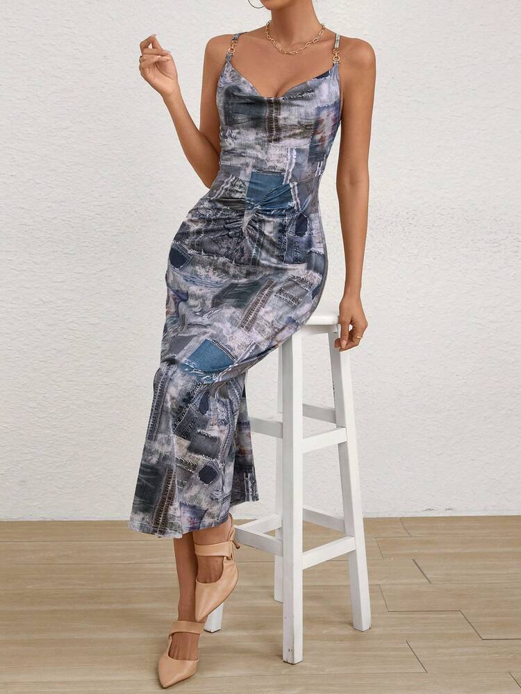 Women's Denim Effect Cowl-Neck Spaghetti Strap Dress