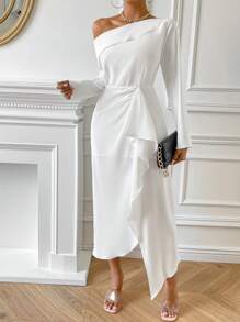 SHEIN Privé Asymmetrical Neckline Ruffle Edge Slit Hem Dress - Apricot - View 3