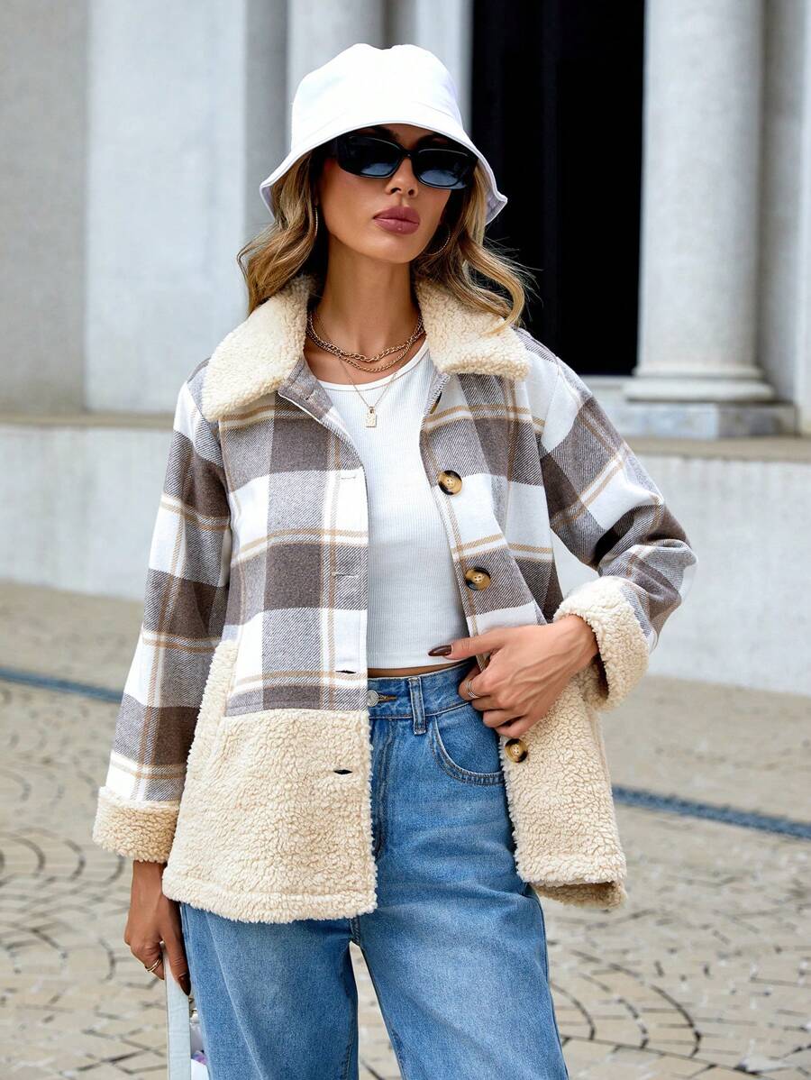 RueChic Women's Regular Fit Plaid Patchwork Jacket