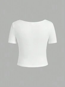 SHEIN Girls' Fashionable Knitted Short Sleeve Top With Square Neckline