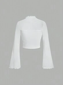 SHEIN MOD Mock Neck Lettuce Trim Flare Sleeve Contrast Mesh Top - White - View 2