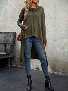 Drawstring Hooded Sweatshirt With Short Front And Long Back Hem - Army Green - View 7