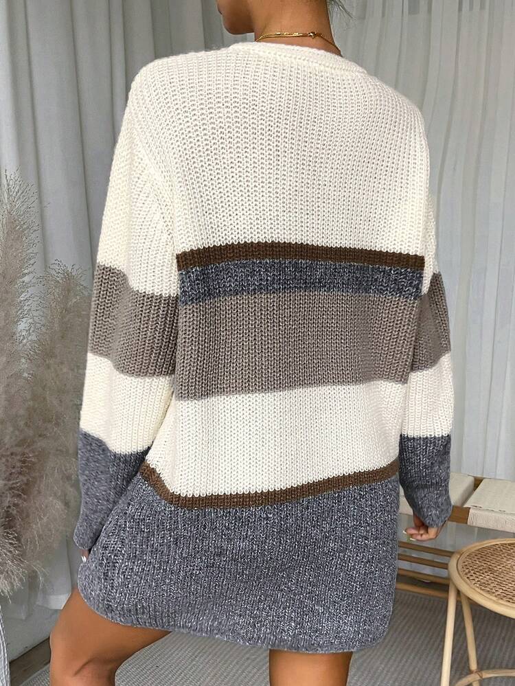 Color Block Drop Shoulder Sweater Dress Fall Cloth For Women