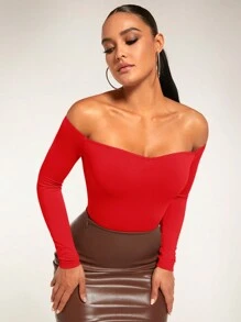Silquee Solid Off Shoulder Bodysuit - Red - View 8