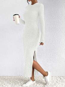 SHEIN Frenchy Vestido ajustado de mujeres hendidura alta tejido de canalé - Blanco - Ver 1