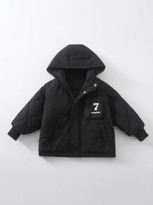 Young Boy Letter Graphic Hooded Quilted Coat - Black - View 1
