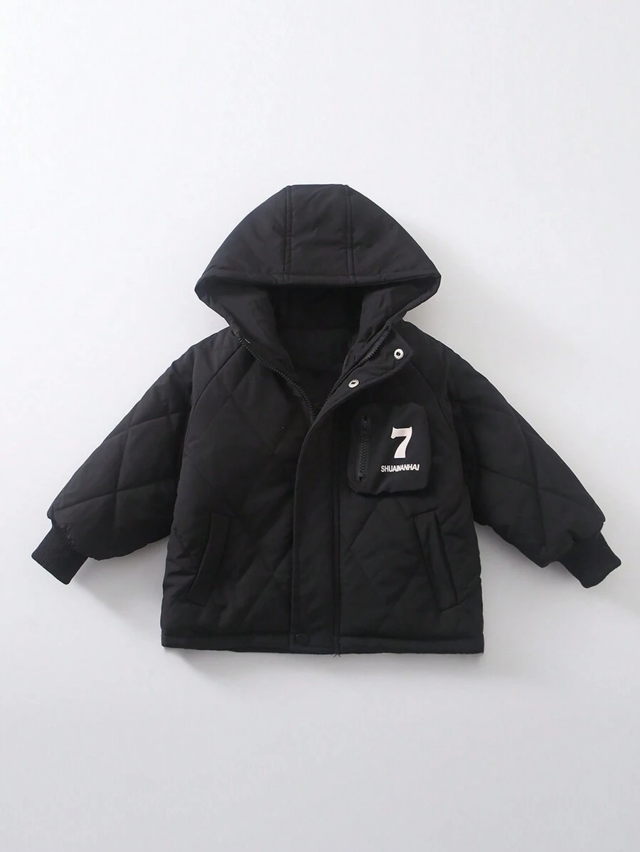 Young Boy Letter Graphic Hooded Quilted Coat - Black - View 1