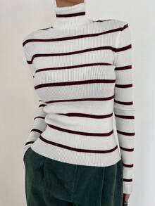 DAZY 帶條紋圓領針織衫,適用於層疊穿搭 - 鏽棕色 - 查看 4