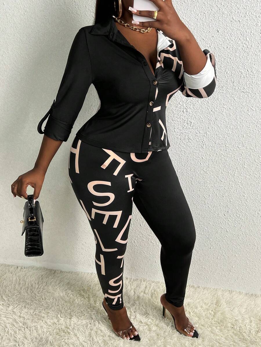 Slaydiva Kích thước lớn Của phụ nữ Lá thư In Nút lên Áo Và Xà cạp Bộ - màu đen - Xem 1