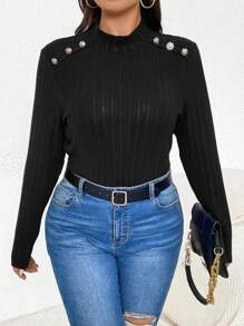 SHEIN Frenchy Women'S Plus Size Button Decorated Ribbed T-Shirt - Black - View 5