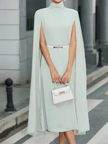 SHEIN Privé High Neck Cloak Sleeve Dress Without Belt - Apricot - View 4