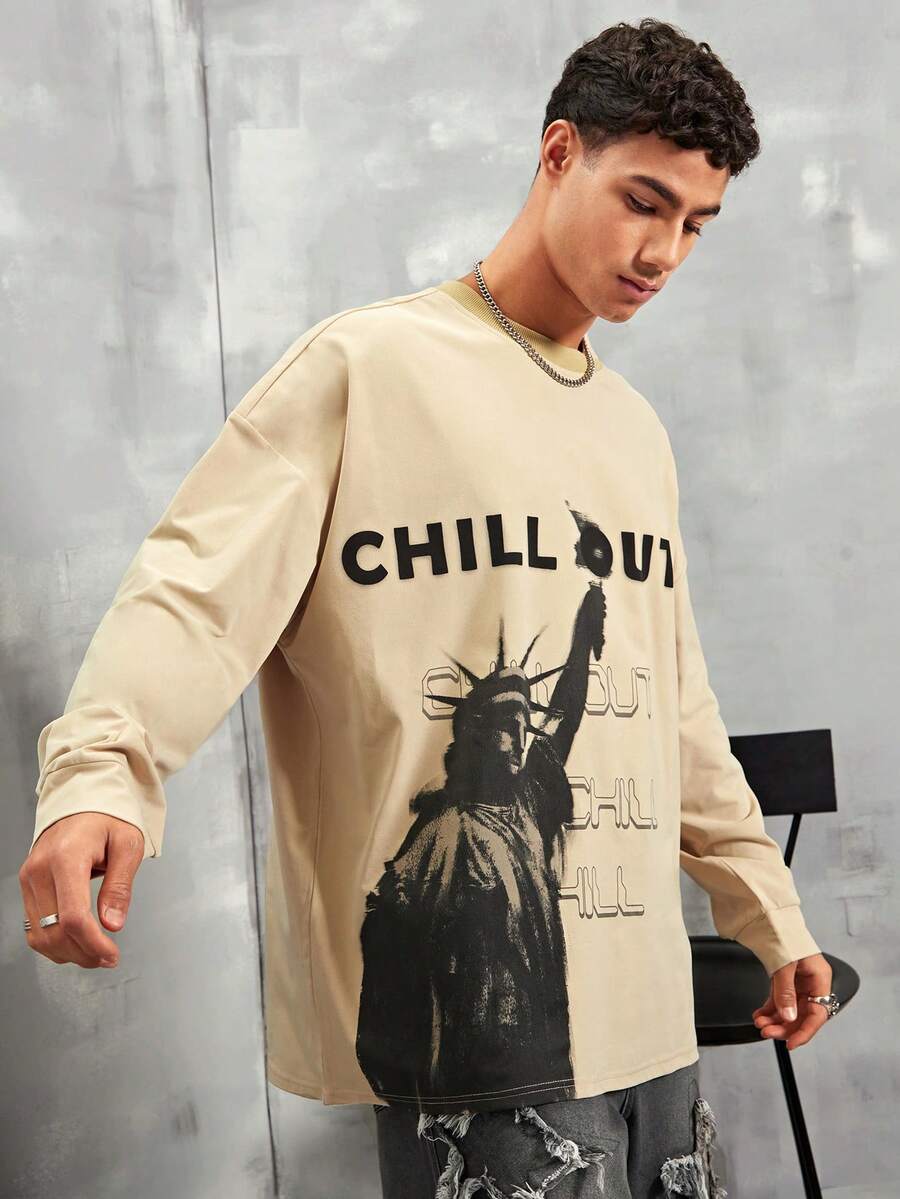 Manfinity EMRG 男士自由女神印花寬鬆下垂肩長袖t恤 - 卡其色 - 查看 1