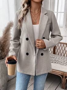 SHEIN Essnce Double Breasted Lapel Collar Blazer - Khaki - View 1