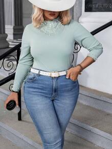 Calvaya Hơn Cổ giả Ngọc trai đính cườm Đồ đan Ribbed Áo thun - Màu xanh Bạc hà - Xem 6