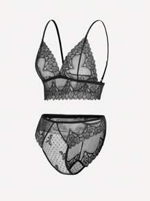 Women Black Lace V Neck Semi Sheer Contrast Lingerie Set