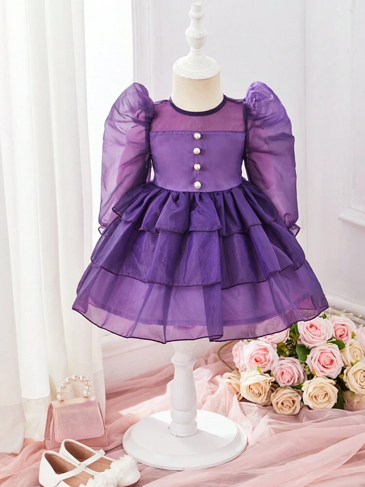 Baby Girl Gigot Sleeve Layered Ruffle Hem Organza Party Dress