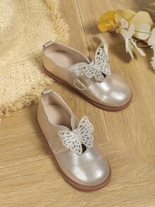 女童金色时尚高帮平底鞋，饰有可爱蝴蝶图案，适合秋冬季节，休闲和户外活动皆宜。 - 金色 - 查看 2