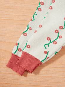 Baby Girls' Flower Pattern Round Neck Cardigan With Floral Lace & Button Design - Red Violet - View 3