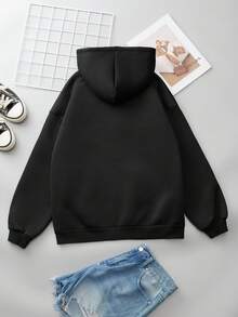 SHEIN Essnce Thả vai áo có mũ Lông cừu Áo nỉ Với dây rút - màu đen - Xem 2