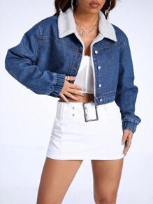 SHEIN ICON Cổ áo Borg Cắt sửa áo khoác Jacket - Màu xanh lam - Xem 4