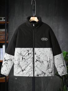 Manfinity Campus Court Men's Outdoor Windbreaker Padded Coat With Letter Print And Patchwork Design - Light Grey - View 2
