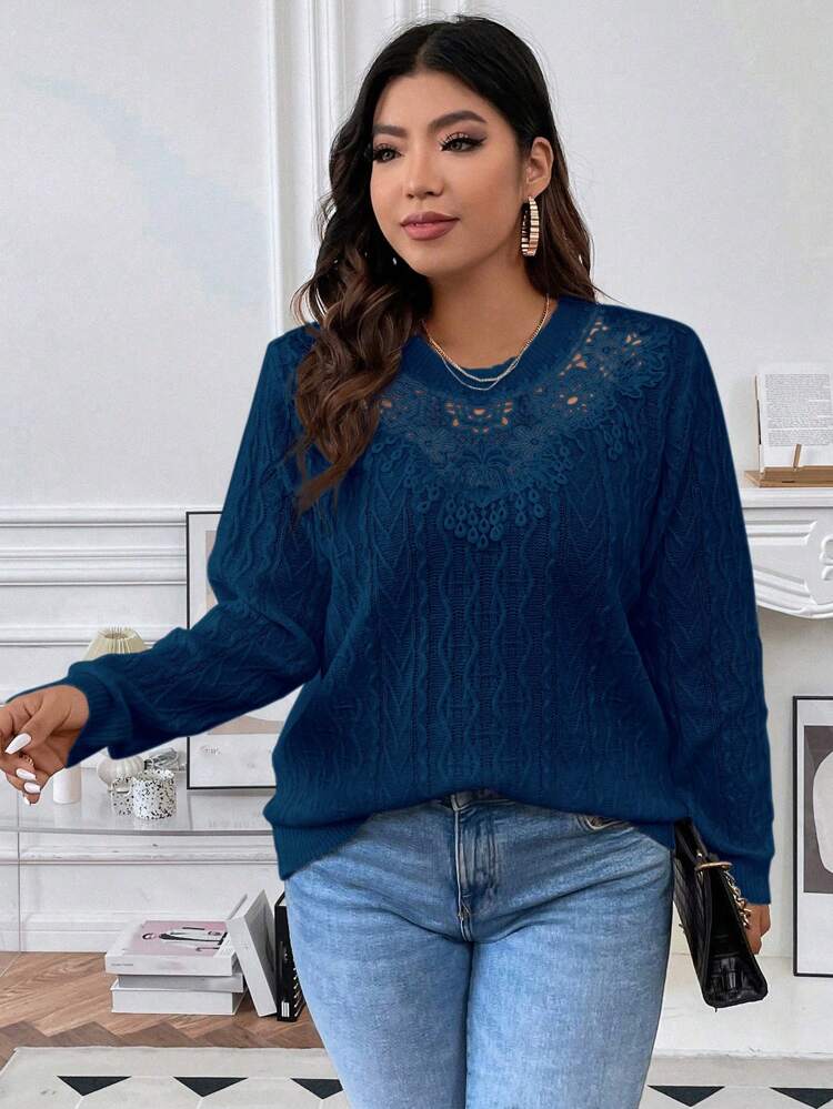 Plus Contrast Guipure Lace Drop Shoulder Sweater, For Winter Knit Pullover Fall Sweater