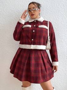 Flirla Hơn In kẻ sọc Cổ áo Borg Áo khoác & Váy - Đỏ - Xem 7