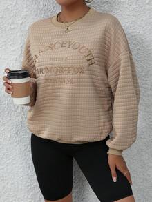 SHEIN Essnce Thêu Chữ Thả vai Áo nỉ - Màu Khaki - Xem 3