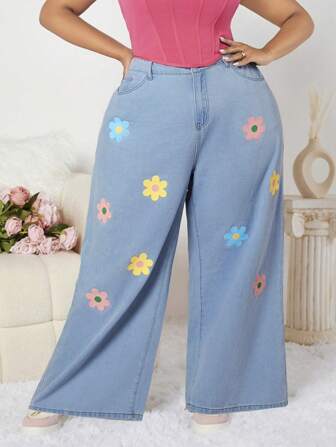 SHEIN CURVE+ Plus碼花卉印花寬腿牛仔褲