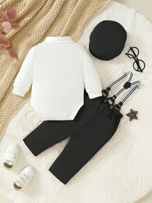 Souflis Souflis 3入組/套嬰兒男孩復古風格學院紳士翻領領結襯衫背帶褲帶貝雷帽,合適的適用於戶外運動 - 黑色 - 查看 2