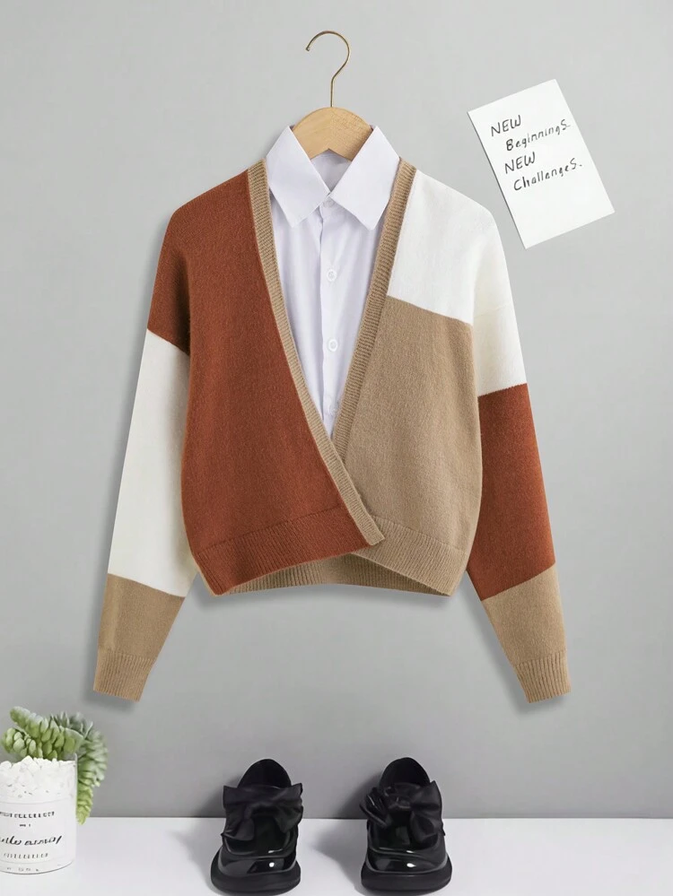 Tween Girls' Contrast Color Long Sleeve Cardigan Sweater