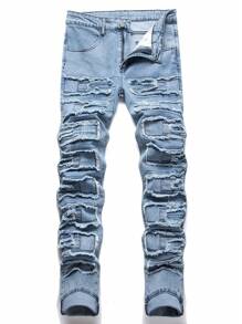 Manfinity EMRG Men's Slim Fit Jeans With Frayed Hem - Light Wash - View 1