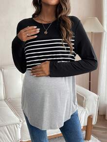 SHEIN 孕婦條紋印花撞色T恤 - 彩色 - 查看 6