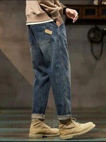 男士斜口袋水洗牛仔褲 - 藍色 - 查看 2