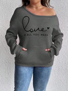 Calvaya 大码标语印花落肩运动衫 - 灰色 - 查看 3