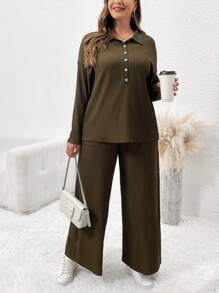 SHEIN LUNE Bộ áo phông hở vai trơn cài nút nửa xẻ tà cỡ lớn dành cho nữ và quần ống rộng - Cà phê nâu - Xem 5