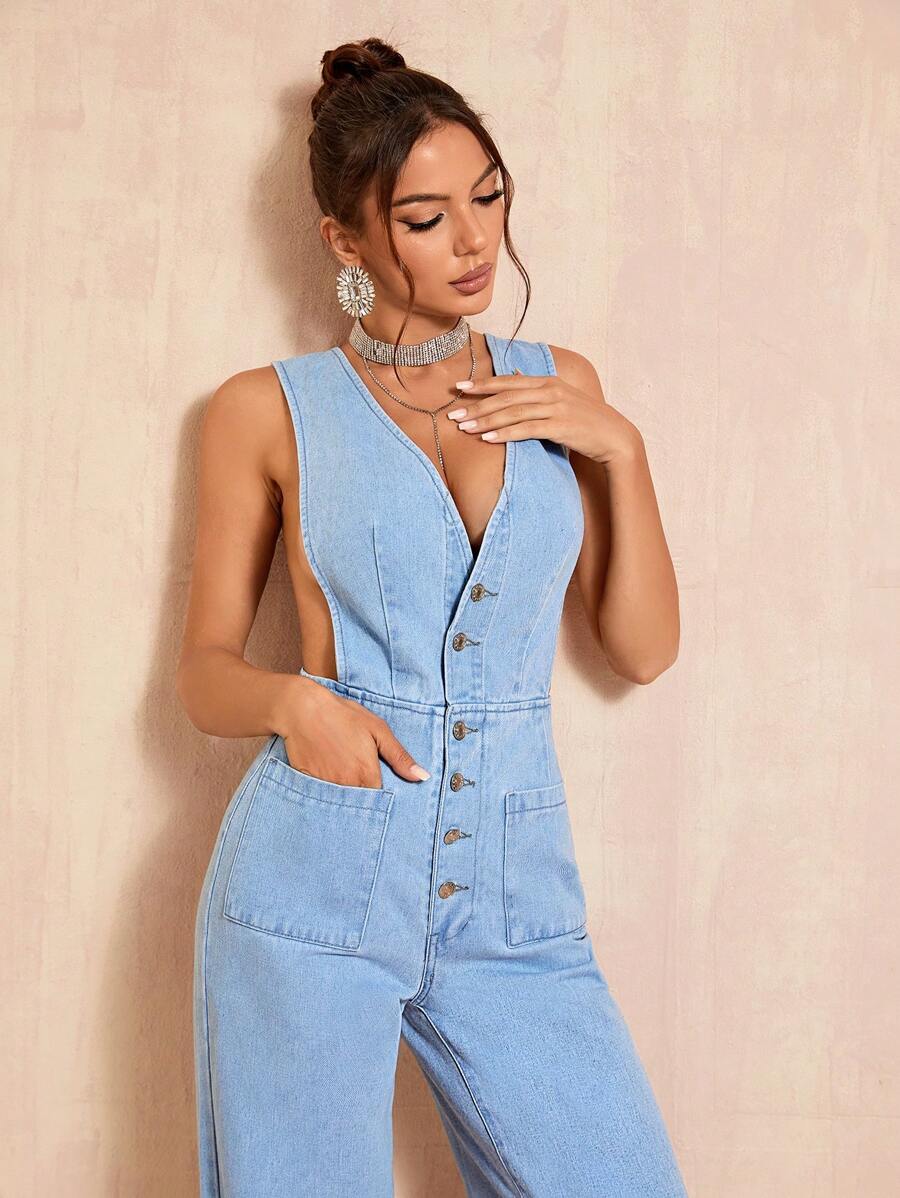 SHEIN BAE 女性無袖牛仔連身褲,附有扣子 - 藍色 - 查看 1
