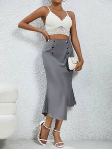 SHEIN Privé Của phụ nữ Giải trí Đuôi cá Váy - Đen và trắng - Xem 5