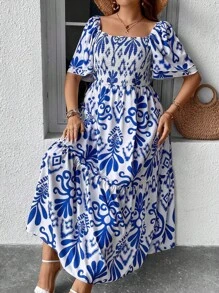 Breezaya Vestido con estampado de cuello cuadrado de manga mariposa bajo con fruncido - Azul y blanco - Ver 4