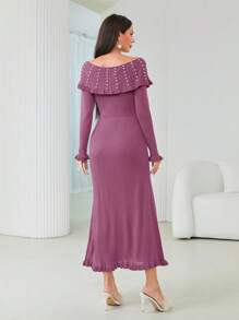 Modelyn Pearls Beaded Tie Front Ruffle Trim Sweater Dress - Purple - View 2