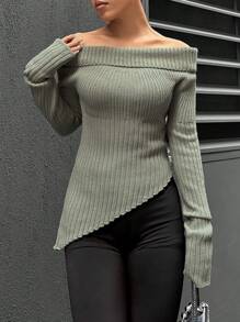 Chiquease 女式不對稱下擺露肩毛衣 - 棕色 - 查看 6