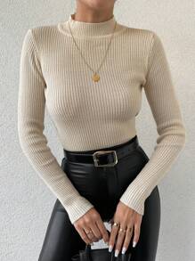 EURMUSE Mock Neck Ribbed Knit Sweater - Beige - View 1
