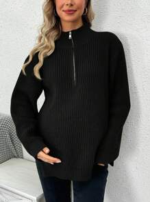 SHEIN 孕婦領開衩下擺毛衣,前圍裹式 - 黑色 - 查看 4