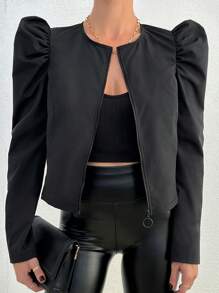 RueChic Puff Sleeve Zip Up Crop Jacket - Black - View 3