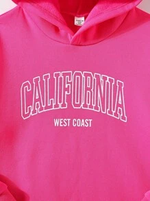 SHEIN 2 cái/bộ Bé gái tuổi teen Lá thư In Hoodie Và Quần thể thao - Màu Hồng Tươi - Xem 4