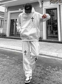 Manfinity Hypemode Nam Hoa văn chữ thập Hoodie Và Quần Bộ đồ thể thao Bộ - trắng - Xem 1