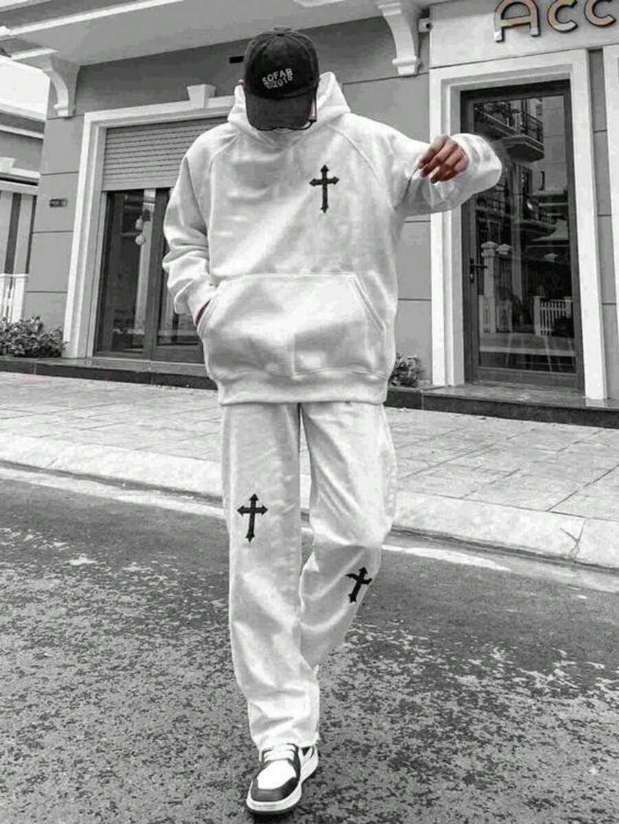 Manfinity Hypemode Nam Hoa văn chữ thập Hoodie Và Quần Bộ đồ thể thao Bộ - trắng - Xem 1