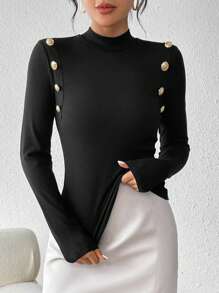 SHEIN Privé 女士立領釦紋紋路貼身t恤 - 黑色 - 查看 6