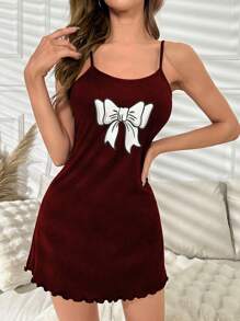 Bow Print Lettuce Trim Cami Pajama Nightdress Bow Tie